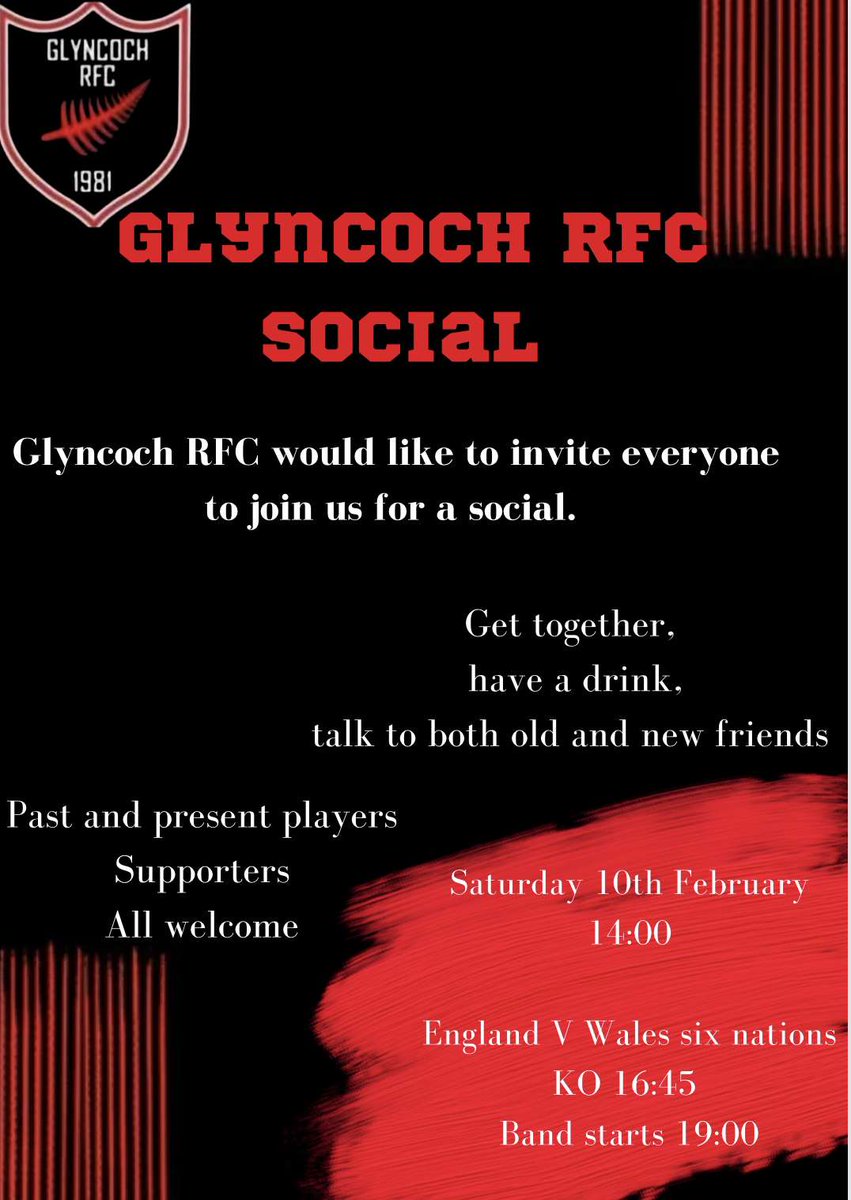 GlyncochRFC123's tweet photo. Join us on the 10th of February for a team social🥳
Plenty of beers and a bloody good day/night🤘
Wales 🏴vs England 🏴
With a band starting at 7pm🥁
#forthefern⚫️🔴 https://t.co/joHunnQThp