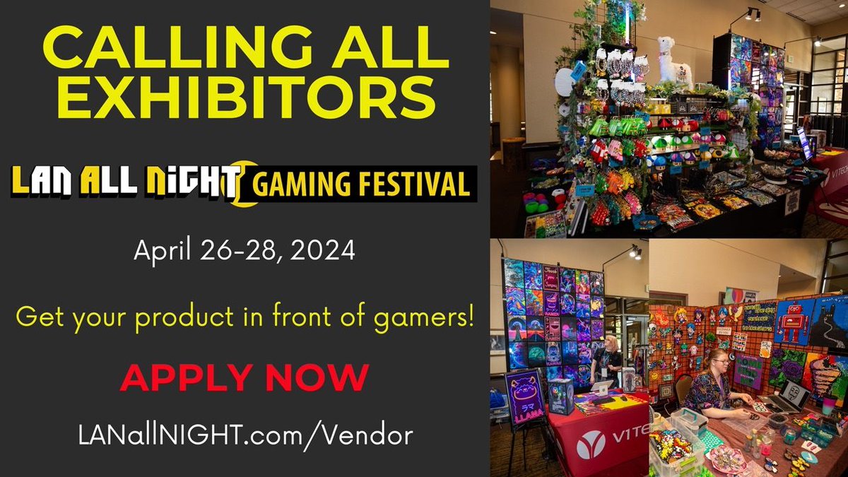LANallNight's tweet image. CALLING ALL EXHIBITORS! Get your product in front of gamers at LAN All Night Gaming Festival, April 26-28 at Great Wolf Lodge in Grapevine, TX. Learn more &amp;gt;&amp;gt; lanallnight.com/vendor #LANallNIGHT #LAN #LANFEST #Quakecon #dreamhack #pax #pcgaming #LANParty #fgc #tabletop