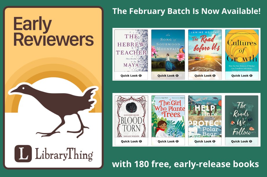 LibraryThing (@librarything) on Twitter photo The February batch of Early Reviewers is now live! Head over to LibraryThing to enter to win one of 3,427 copies of 180 titles. This month we've got exciting new books from <a href="/AkashicBooks/">Akashic Books</a>, <a href="/CirclingRivers/">CirclingRivers</a>, <a href="/GreatPlainsPub/">Great Plains Press</a>, <a href="/NewVesselPress/">New Vessel Press</a>, @scorchedpress, <a href="/simonschuster/">Simon & Schuster</a> & more! The February batch of Early Reviewers is now live! Head over to LibraryThing to enter to win one of 3,427 copies of 180 titles. This month we've got exciting new books from <a href="/AkashicBooks/">Akashic Books</a>, <a href="/CirclingRivers/">CirclingRivers</a>, <a href="/GreatPlainsPub/">Great Plains Press</a>, <a href="/NewVesselPress/">New Vessel Press</a>, @scorchedpress, <a href="/simonschuster/">Simon & Schuster</a> & more!