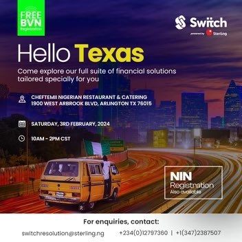 BLKApparelNYC's tweet photo. Hello Texas. Sterling Bank and Cheftemii is sponsoring on Saturday February 4, 2024 an opportunity to get your Nigerian Bank Verification Number (BVN) and Nigerian Identification Number (NIN) #SterlingBank #NIN #BVN #Texas #Arlington #Fortworth #NigeriaNews #Nigeria #Cheftemii https://t.co/ftoygYEM6h