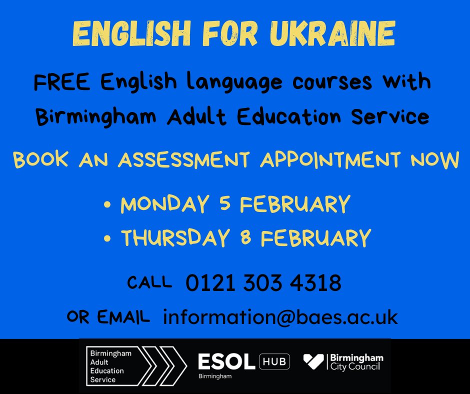 Want to improve your English language skills? @LearnBAES have assessment days for adults who have come to the UK through the Ukraine Sponsorship Scheme/Homes for Ukraine Scheme, Ukraine Family Scheme or Ukraine Extension Scheme #ESOL #LearnEnglish #Refugees