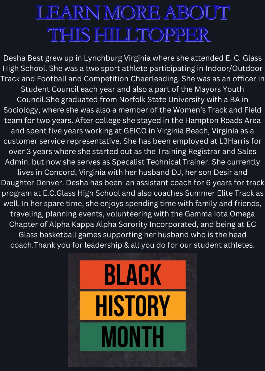 Mrsrawlsfanning's tweet photo. We begin our Hilltopper Black History Month w/ an @ecghighschool Alumni &amp; Coach Mrs. Desha Johnson Best C/O 2006 @ecgathletics 🔹🐏🔹@LCSEDU https://t.co/Ml6RVnYGrM