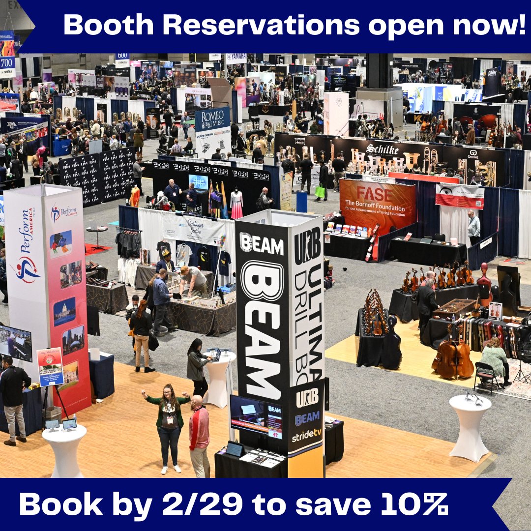 Save 10% on your 2024 Conference space when you book by 2/29! Early bird reservations open now for the 78th Midwest Clinic: tinyurl.com/MWCExhibits To redeem your Early Bird discount, simply book your exhibit space through the Midwest Clinic portal: prices shown include 10% off.