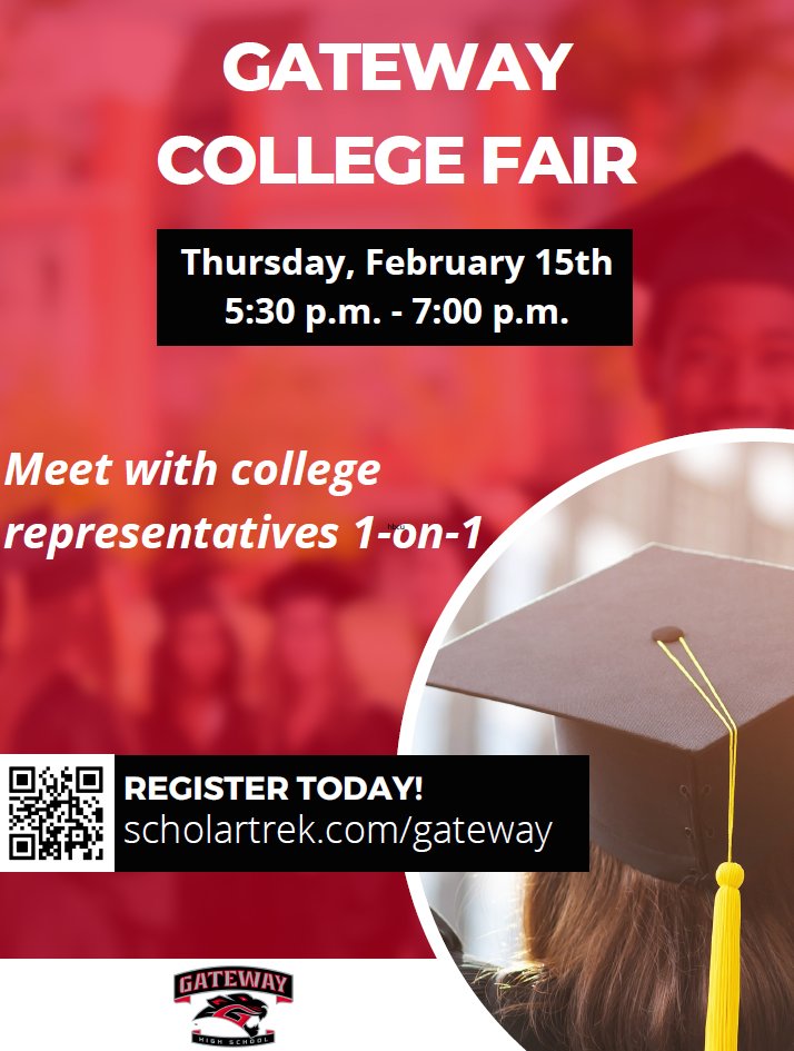 Our next districtwide College Fair is 2 weeks away! 🎉 All Osceola County students are invited to meet with 50+ schools at @gatewaypanthers! ⌚️5:30-7 pm 📆February 15th 📍Gateway High School Register here: scholartrek.com/gateway See you there!! 🎓