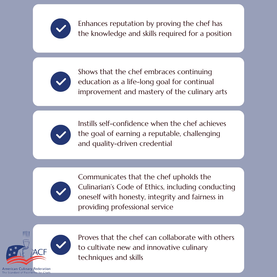 acfchefs's tweet image. Here are the benefits of ACF Certification! The ACF Certification Program is the most comprehensive certification program for culinarians offering 15 certification levels.

Get certified at ➡️ bit.ly/3u1PmAQ 

#AmericanCulinaryFederation #culinary #CertifiedMasterChef