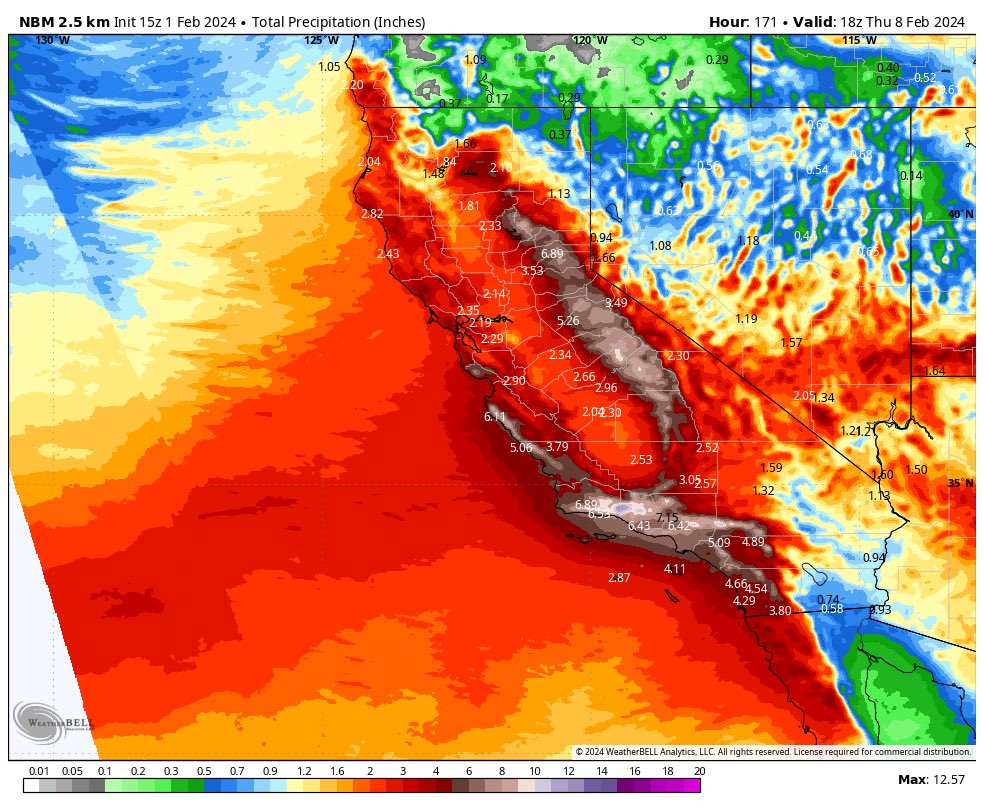 Note – ICON is still illustrating impressive totals (>10-20”+) over the next 5-6 days in SoCal. NBM & @NWSWPC are more conservative on this high-end scenario but that’s why this is being monitored. There is rising likelihood for major hydrological impacts coming next week. #CAwx