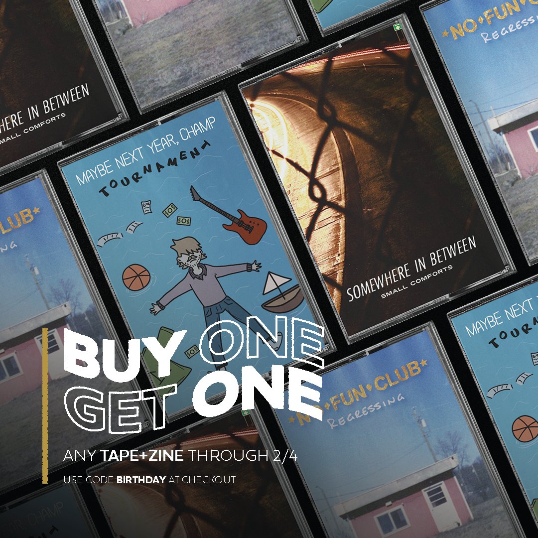 To celebrate our first year, we're running a BUY ONE GET ONE FREE deal on all of our available tape+zine releases through Sunday! 🥳🎂 Use promo code BIRTHDAY at checkout—leaveitatthatrecords.limitedrun.com