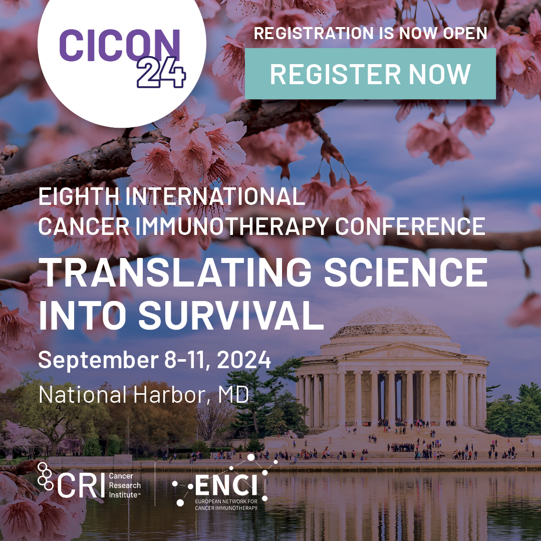 Registration is open for the Eighth International Cancer Immunotherapy Conference: Translating Science into Survival! Presented by CRI and @ENCI_network, #CICON24 will take place September 8-11, 2024, in National Harbor, MD. Register now: bit.ly/3SGhlzD #CancerResearch