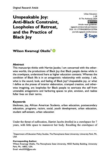 My latest is in print - I've been tinkering with thoughts for this piece for a couple of years, attempting to work out a complex rendering of joy situated in Black critical thought and praxis. It's open-access at the link below. doi.org/10.1177/004208… #edchat #BlackJoy #BHM