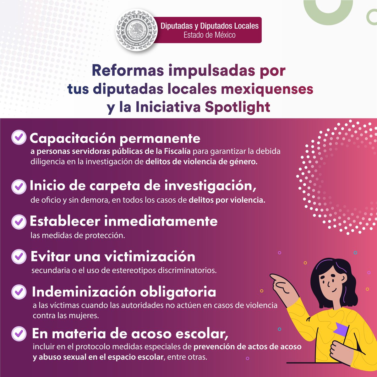 En el 17° aniversario de la 𝗟𝗲𝘆 𝗚𝗲𝗻𝗲𝗿𝗮𝗹 𝗱𝗲 𝗔𝗰𝗰𝗲𝘀𝗼 𝗱𝗲 𝗹𝗮𝘀 𝗠𝘂𝗷𝗲𝗿𝗲𝘀 𝗮 𝘂𝗻𝗮 𝗩𝗶𝗱𝗮 𝗟𝗶𝗯𝗿𝗲 𝗱𝗲 𝗩𝗶𝗼𝗹𝗲𝗻𝗰𝗶𝗮, recordamos el trabajo de las 37 legisladoras locales y <a href="/ONUMujeresMX/">ONU Mujeres México</a> a través de la Iniciativa @SpotlightAmLat. 

Reformas que ya