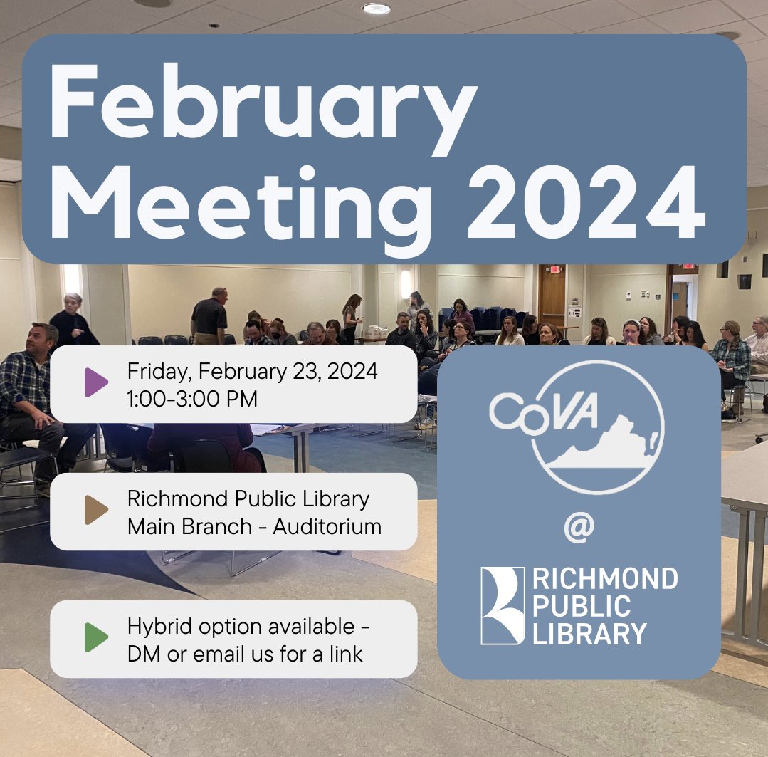 Our February membership meeting is coming up on Friday, February 23rd @ 1 PM. Hosted at <a href="/rvalibrary/">Richmond Public Library</a>’s Main Branch in the Auditorium. Hybrid option available.
