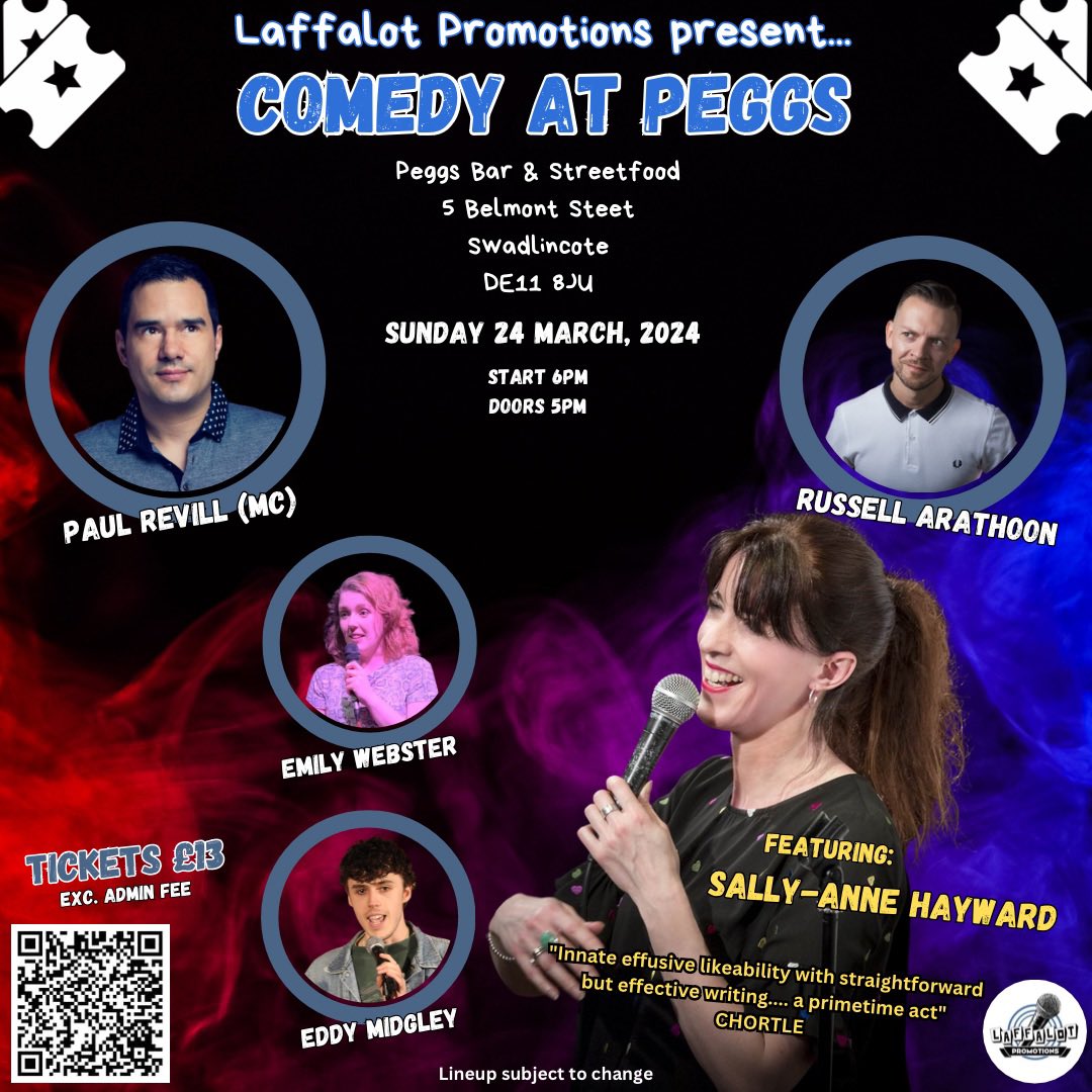 March. #Swadlincote #SouthDerbyshire - going to be a corker this one… the brilliant @Revillations @russellarathoon & headliner @SallyAnneComedy - with support from Emily Webster & Eddy Midgley Tickets here; ticketsource.co.uk/laffalot-promo…