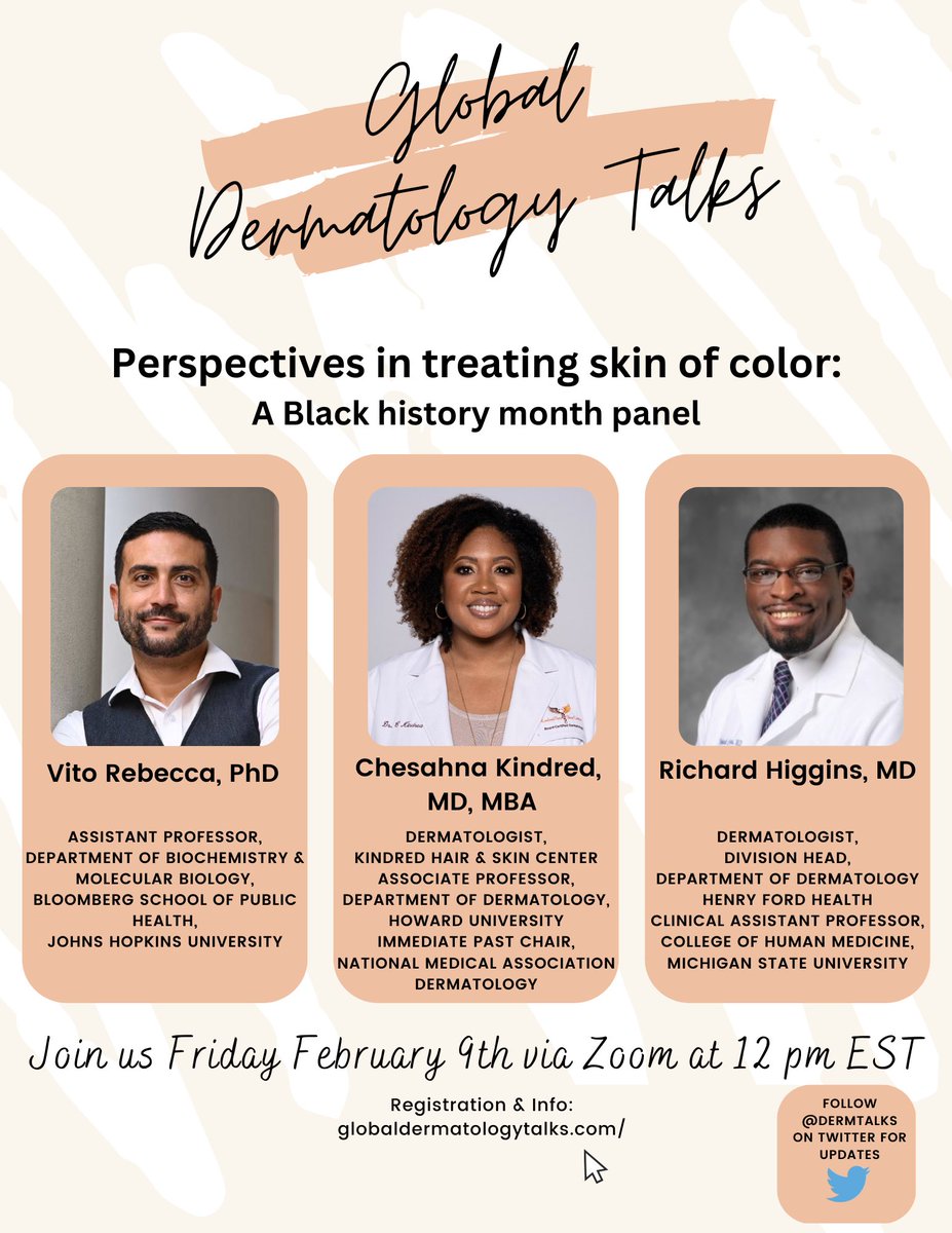 Join us Friday February 9th at 12 pm EST as @DermTalks kicks off #BlackHistoryMonth with a bang💥 Joining us on this special panel: @KindredHairSkin on Hair Loss, @VitoRebecca1 on Acral Melanoma, & Dr. Richard Huggins on Vitiligo Register here ⬇️⬇️⬇️ zoom.us/WEBINAR/REGIST…