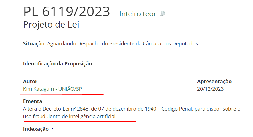 joaosenzi's tweet photo. 🚨Fazer vídeo de IA sobre Subway Money poderá levar à prisão por 8 anos!🚨

⚖️Projeto de Lei para regulamentar uso da Inteligência Artificial

O Deputado @KimKataguiri é Autor do projeto de lei número 6119/2023.

Esse projeto altera o Código Penal e inclui o crime do Art. 171-B com a seguinte descrição:

"Criar, utilizar e propagar vídeos de pessoas famosas ou anônimas criados por inteligência artificial com a finalidade de manipular, enganar e induzir a erro consumidores”

Pena - reclusão, de 4 (quatro) a 8 (oito) anos, e multa"