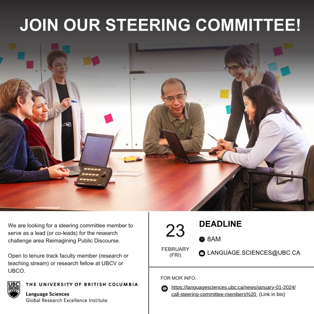 Join our steering committee to serve as a lead (or co-leads) for the research challenge area Reimagining Public Discourse. Open to tenure track faculty member or research fellow at UBCV or UBCO. Deadline 23Feb. Visit: shorturl.at/fiknp #research #ubc #Language #discourse