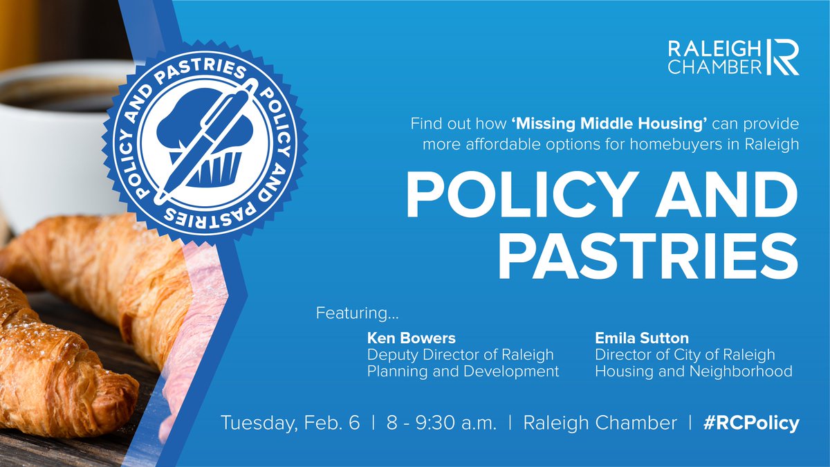 raleighchamber's tweet photo. Discover the current and future state of housing in Raleigh with Ken Bowers and Emila Sutton of @RaleighGov at our upcoming Policies &amp; Pastries on Feb. 6. #AffordableHousing #RCPolicy https://t.co/PTmXUXpPWB https://t.co/vjBMVDsFWk