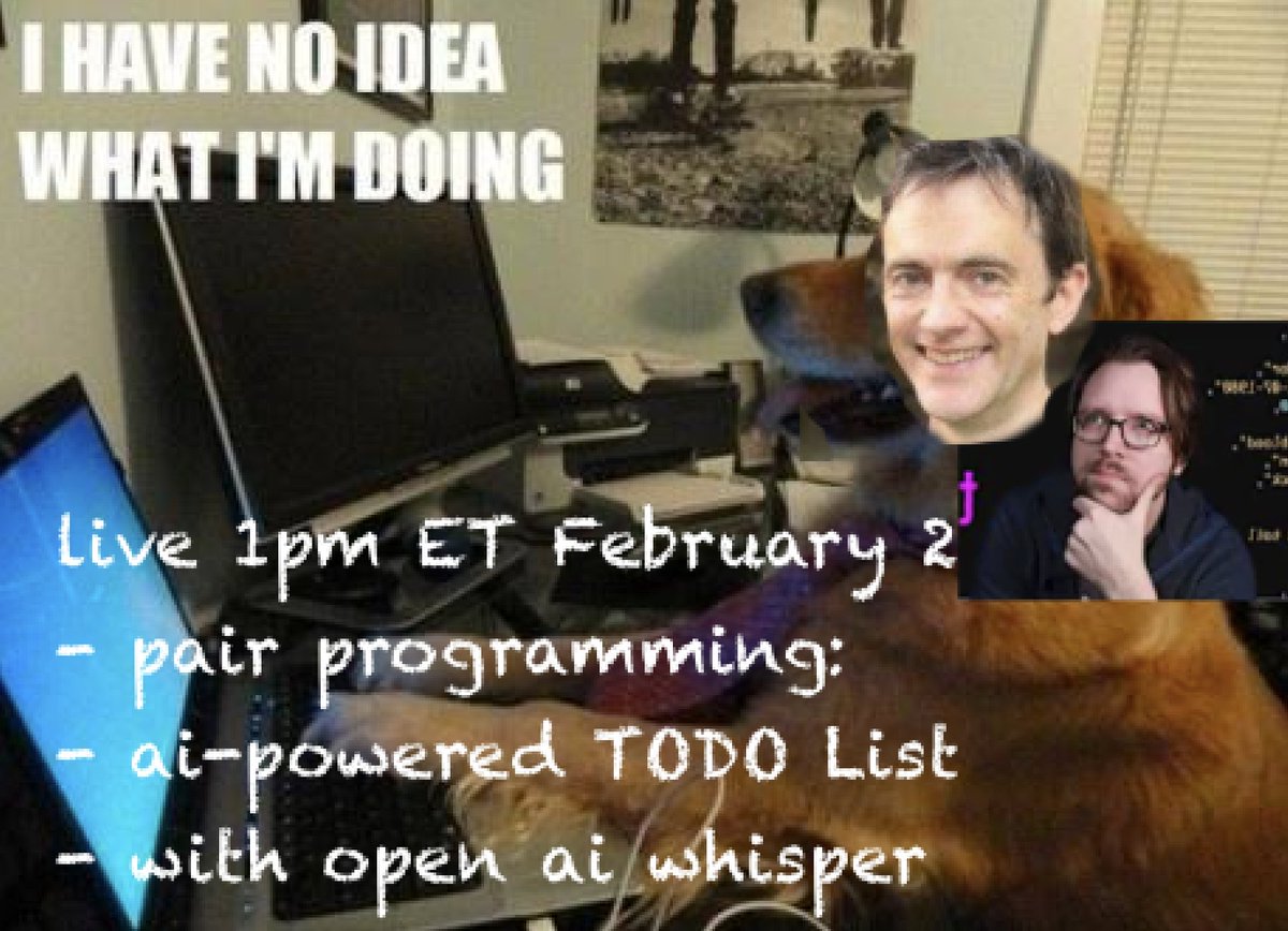 1pm ET tomorrow, <a href="/semanticart/">Jeffrey Chupp</a> and I are going to make fools of ourselves on the internet.  

sorry, I mean we are going to be live streaming a pair programming session where you will learn a whole lot.

Mark you calendar! Come watch! youtube.com/@prefab-cloud/…