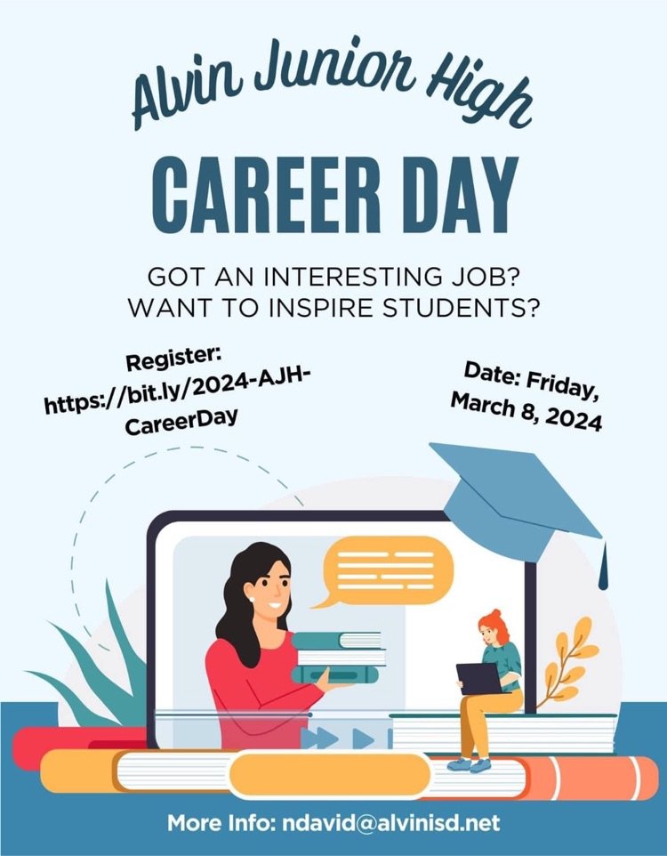 Alvin Junior High (@alvin_jh) on Twitter photo Register to come speak to our students for our 2024 Career Day on March 8. Contact ndavid@alvinisd.net if you have questions. Register to come speak to our students for our 2024 Career Day on March 8. Contact ndavid@alvinisd.net if you have questions.