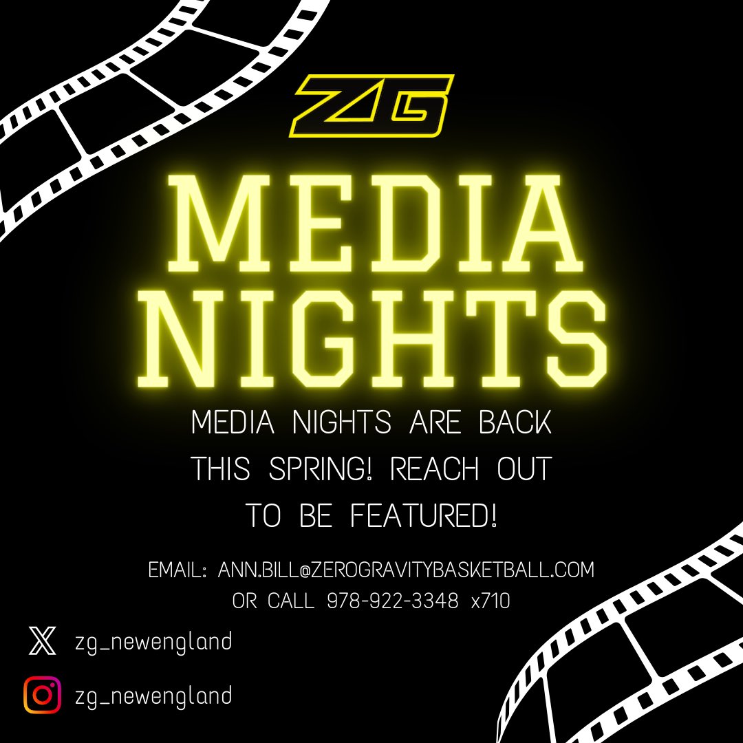 #ZGMediaNights 🎥 are back this Spring❕

Reach out to have your club featured👇

📧: ann.bill@zerogravitybasketball.com
📞: 978-922-3348 x 710

#ZGBB | <a href="/ZeroGravityBB/">Zero Gravity Basketball</a> | 🟡⚫️