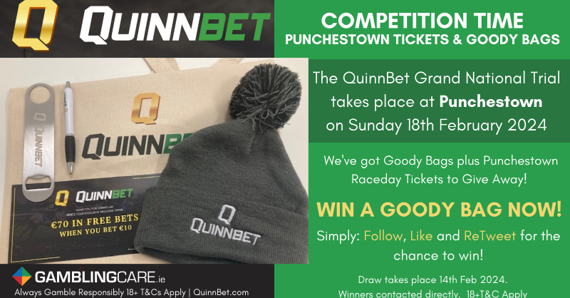 quinnbet's tweet photo. 📢 Competition Time!
To mark the return of The QuinnBet Grand National Trial to @punchestownrace Sunday 18th February, we've got Goody Bags &amp; Raceday Tickets up for grabs! To be in with a chance to win:

🔁 Retweet
❤️ Like
➡️ Follow @QuinnBet

18+T&amp;C 👉 https://t.co/RzlFfeV6sw