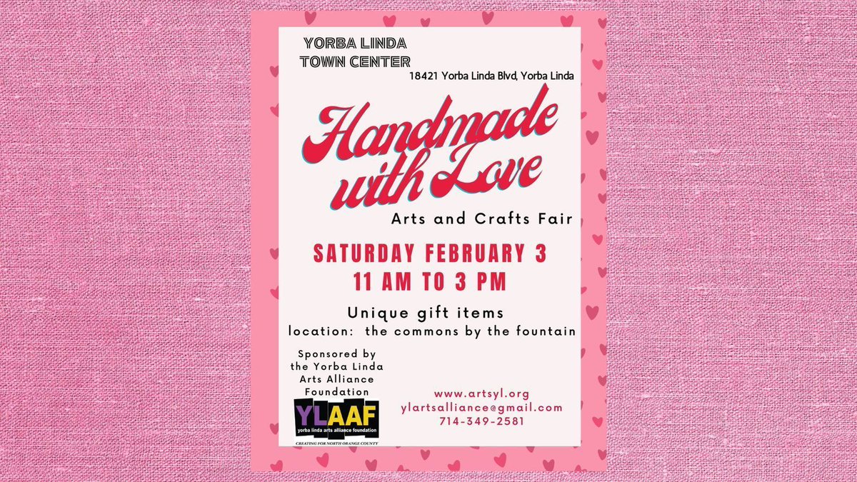 Get something sweet for your valentine at the Yorba Linda Arts Alliance Foundation's Handmade with Love arts and crafts fair! 💕 ✨ Swing by the Yorba Linda Town Center this Saturday, February 3rd from 11 a.m. to 3 p.m. to complete your Valentine's Day shopping. ❤️