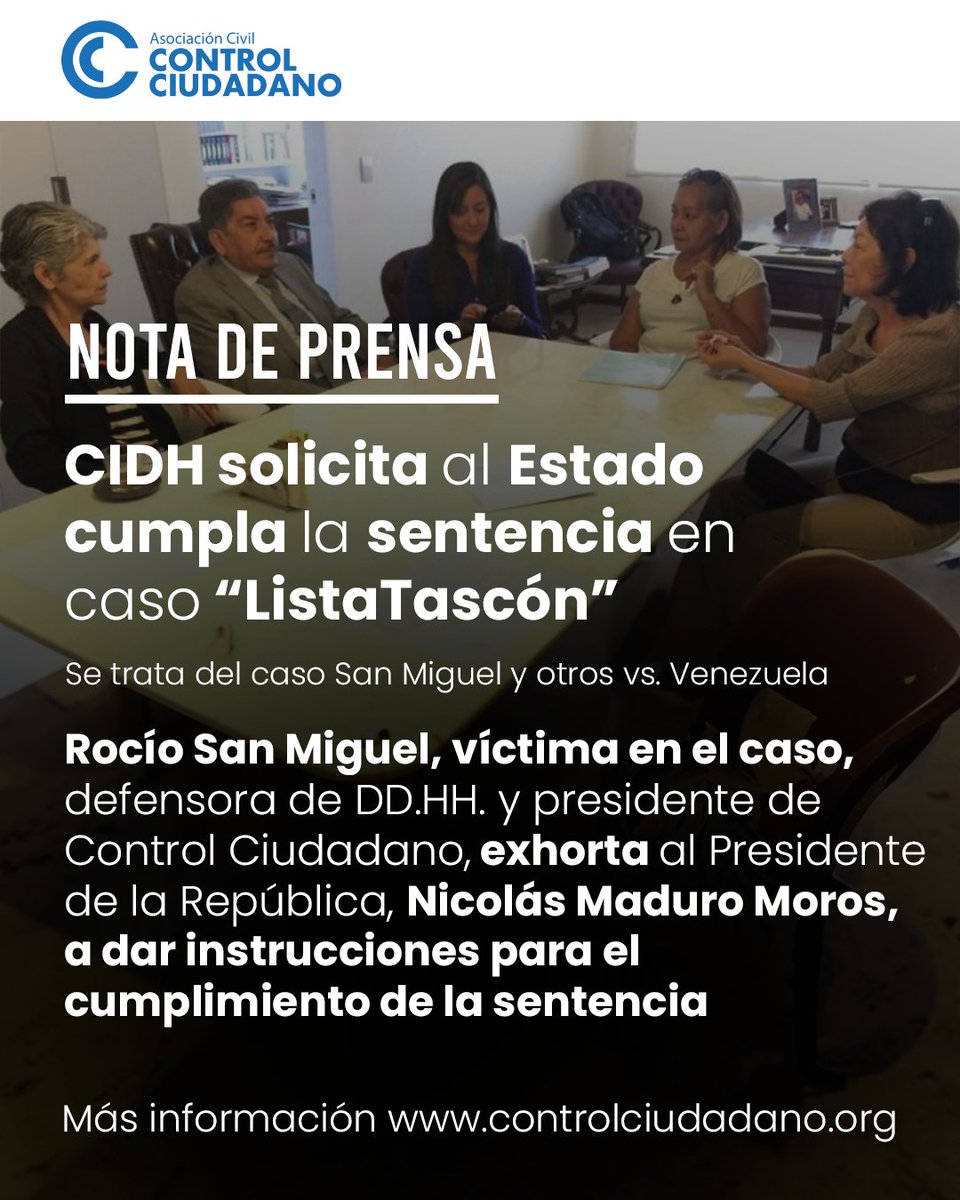 CIDH solicita al Estado cumpla sentencia en el caso “Lista Tascón” y da plazo al gobierno hasta el 6/05/24 para presentar cumplimiento

<a href="/rociosanmiguel/">Rocío San Miguel</a> víctima en el caso, exhorta al Presidente de la República a dar instrucciones para  cumplir la sentencia
controlciudadano.org/noticias/corte…