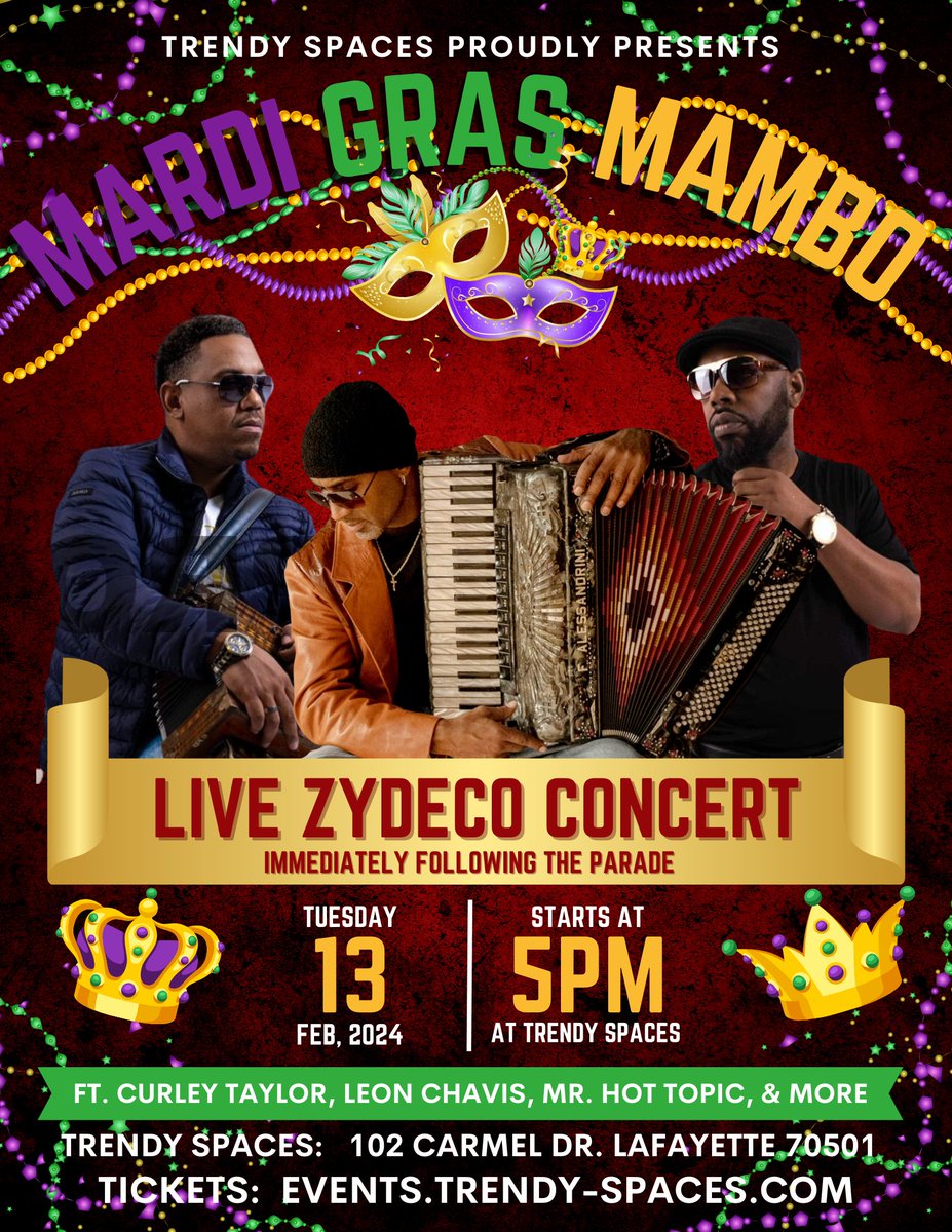 Trendy Spaces (@trendy_spaces) on Twitter photo Join the Spectacular Mardi Gras Parade Float Extravaganza with the Trendy Team! 🎊
Reserve your spot on the float, by Feb 7th.
Limited spots available, RSVP now at: zfrmz.com/hYFGt90kjfQnTC…
Tickets: smarttax.zohobackstage.com/MardiGras2024#…
For more information, contact team@trendy-spaces.com Join the Spectacular Mardi Gras Parade Float Extravaganza with the Trendy Team! 🎊
Reserve your spot on the float, by Feb 7th.
Limited spots available, RSVP now at: zfrmz.com/hYFGt90kjfQnTC…
Tickets: smarttax.zohobackstage.com/MardiGras2024#…
For more information, contact team@trendy-spaces.com