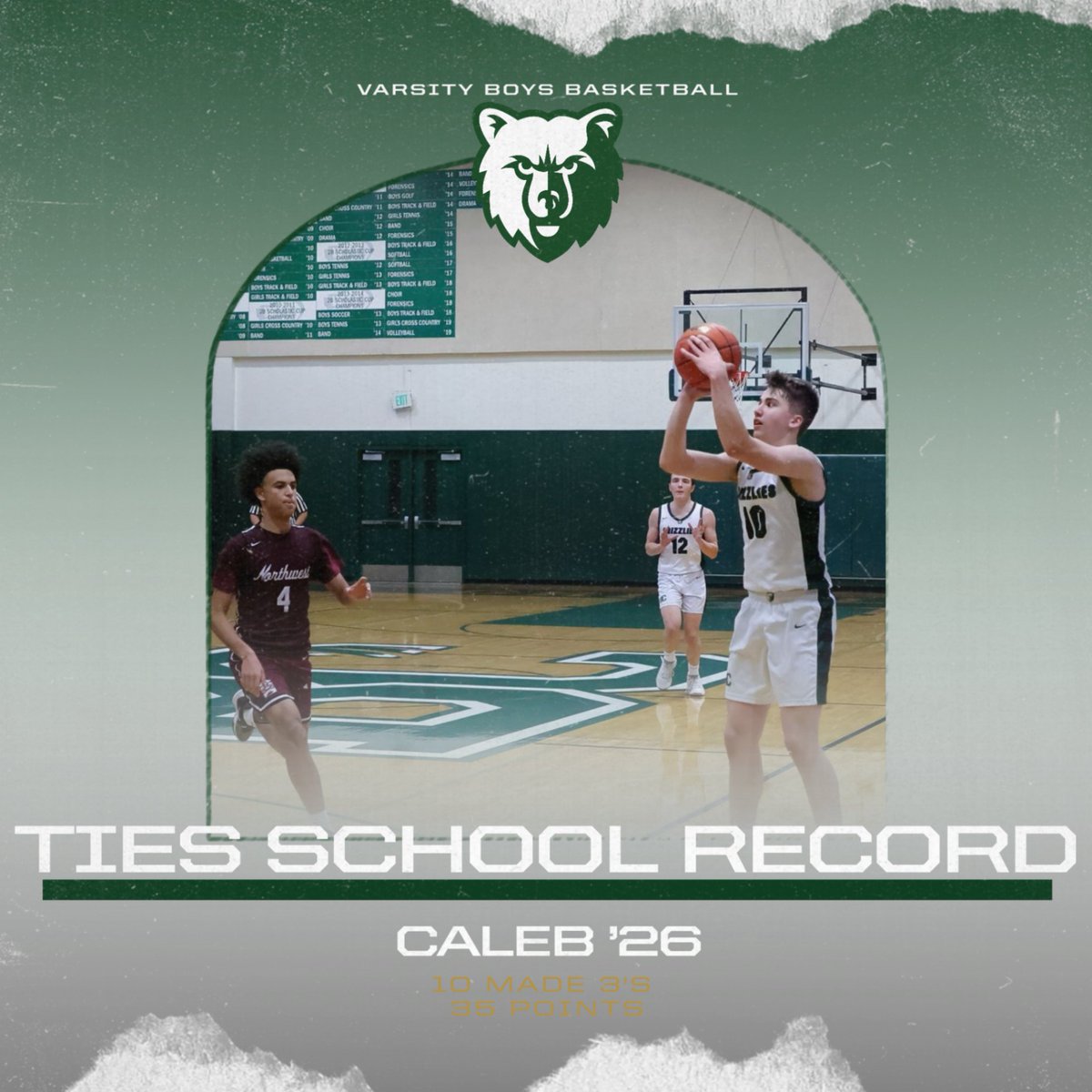 This past week, in a game against Cedar Park Christian, Caleb '26 tied two Boys Basketball school records with 10 made threes and 35 points! #gogrizzlies #nfhs #wiaawa #boysbasketball