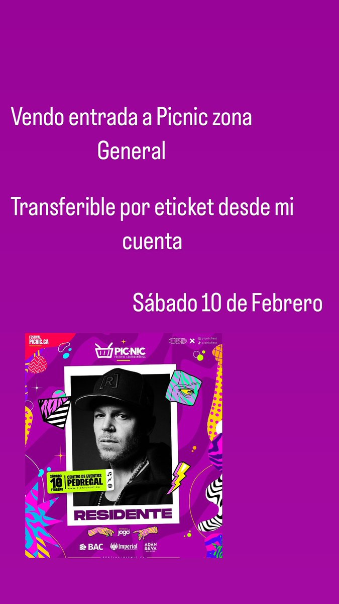Vendo mi entrada a Picnic, zona General, transferible por eticket.

Sábado 10 de Febrero.