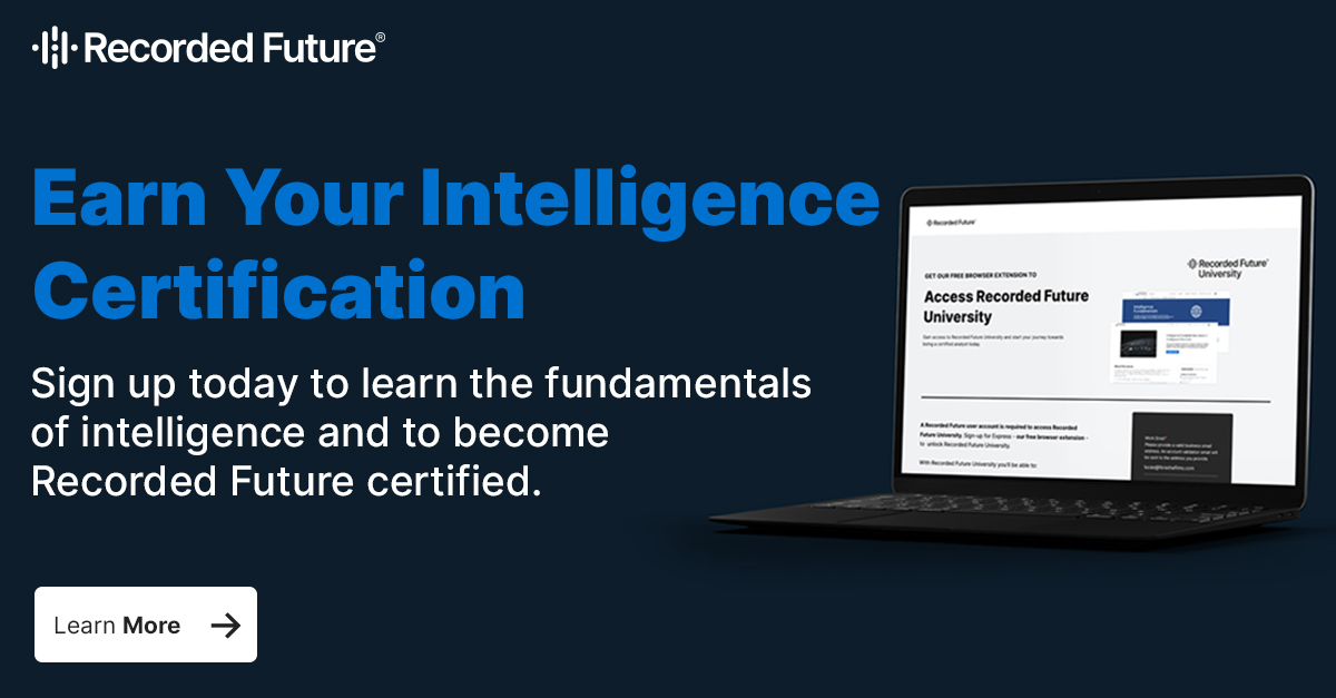 RecordedFuture's tweet image. Start your journey towards becoming a certified analyst today by enrolling in Recorded Future University. Gain access to a wide range of free, on-demand training materials, including our Intelligence Fundamentals Curriculum to learn how to implement an Intelligence-driven…