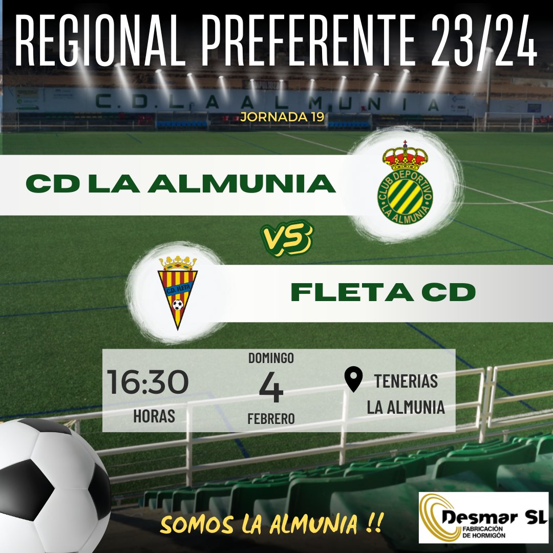 Domingo 4 de Febrero, 16:30h en Tenerías, nuestro primer equipo juega contra el CD Fleta. Tenemos otro partido importante y no podemos fallar. Os esperamos a tod@s en Tenerías.  Somos La Almunia!!.  Aúpa La Almunia 💚 💛.
