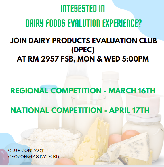 This year marks the 100th Collegiate Dairy Products Evaluation Contest, and we want YOU on our team. 

If you have an interest in dairy or food science, contact Chinwendu Ozoh to get started!