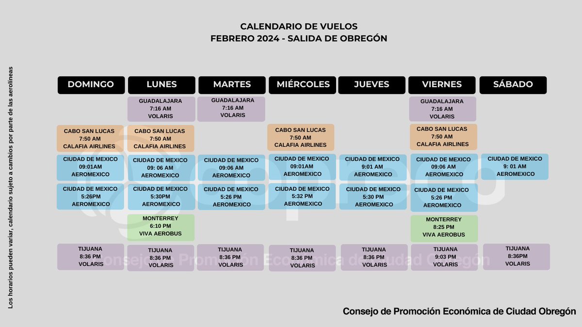 FEBRERO 🧡
Consulta nuestro calendario de #vuelos con salida desde #aeropuerto #Internacional de #CiudadObregón. Puedes consultar horarios y comprar tus boletos en las páginas de las aerolíneas
<a href="/viajaVolaris/">Volaris</a>
<a href="/Aeromexico/">Aeroméxico</a>
<a href="/VivaAerobus/">Viva</a>
<a href="/calafiaairlines/">Calafia Airlines</a>
#Turismo #viajes <a href="/ViajaBonito/">ViajaBonito</a>