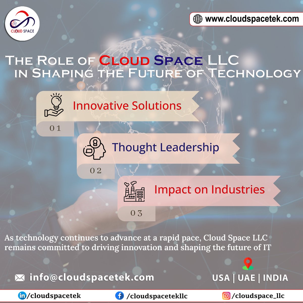 𝐓𝐡𝐞 𝐑𝐨𝐥𝐞 𝐨𝐟 𝐂𝐥𝐨𝐮𝐝 𝐒𝐩𝐚𝐜𝐞 𝐋𝐋𝐂 𝐢𝐧 𝐒𝐡𝐚𝐩𝐢𝐧𝐠 𝐭𝐡𝐞 𝐅𝐮𝐭𝐮𝐫𝐞 𝐨𝐟 𝐓𝐞𝐜𝐡𝐧𝐨𝐥𝐨𝐠𝐲 #CloudSpaceLLC #TechnologyInnovation #ITIndustry #DigitalTransformation #ThoughtLeadership #InnovativeSolutions #FutureofTechnology #TechLeaders #ITConsulting