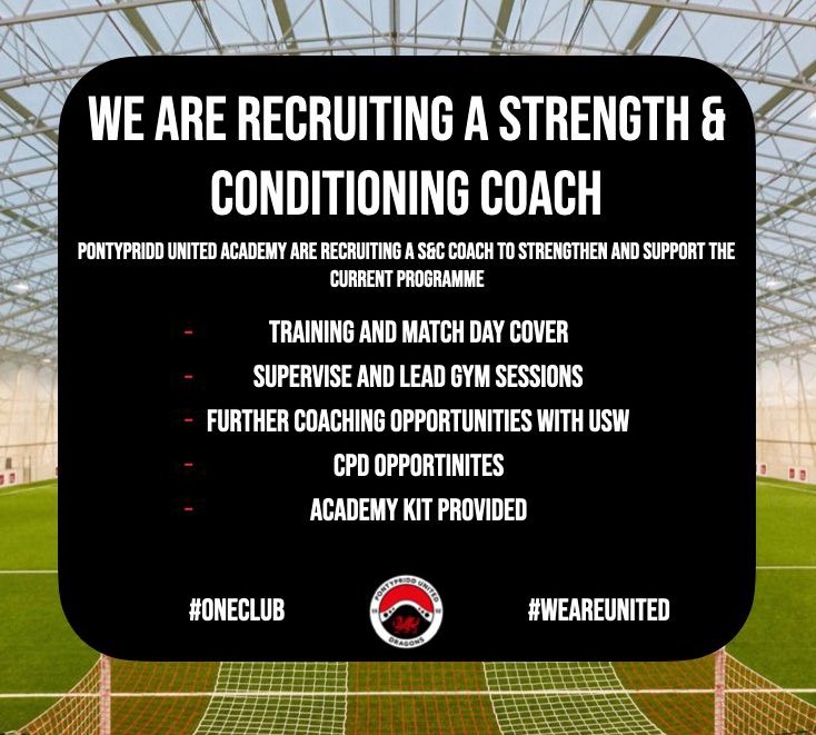 Pontypridd United Academy (@pontyuniteda) on Twitter photo 📝 𝗔𝗰𝗮𝗱𝗲𝗺𝘆 𝗩𝗮𝗰𝗮𝗻𝗰𝗶𝗲𝘀
We are actively recruiting for a range of roles at the Academy
➡️ Under 16s Assistant Manager
➡️ Head of Goalkeeping
➡️ S&C Coach
If interested please email academy@pontypriddunited.co.uk
#OneClub #WeAreUnited 📝 𝗔𝗰𝗮𝗱𝗲𝗺𝘆 𝗩𝗮𝗰𝗮𝗻𝗰𝗶𝗲𝘀
We are actively recruiting for a range of roles at the Academy
➡️ Under 16s Assistant Manager
➡️ Head of Goalkeeping
➡️ S&C Coach
If interested please email academy@pontypriddunited.co.uk
#OneClub #WeAreUnited