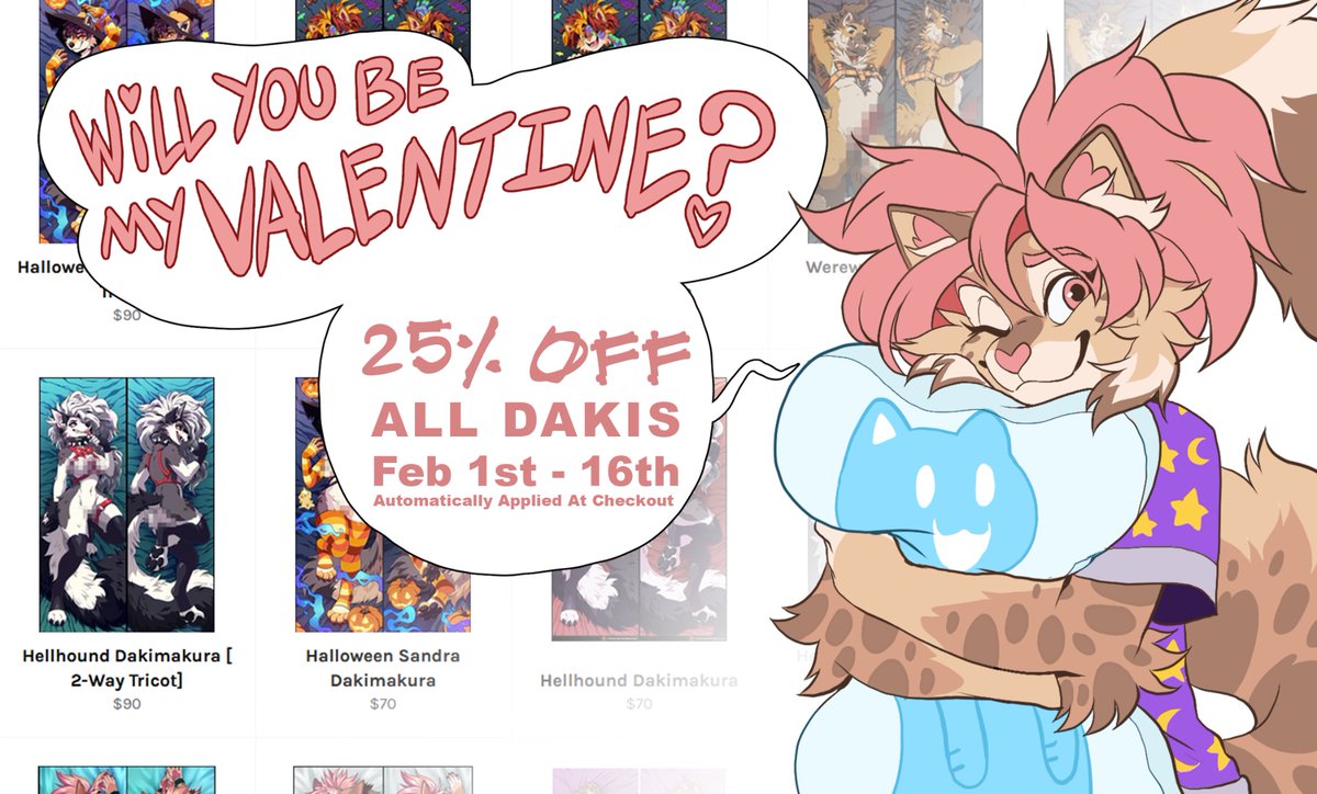 💖 Hello everyone it’s that time of year again. A time for chocolate, rose petals, and even more importantly: 25% off Dakimakuras! That’s right, the Valentine sale is on! From now until the 16th over at ayceeart.com 💖