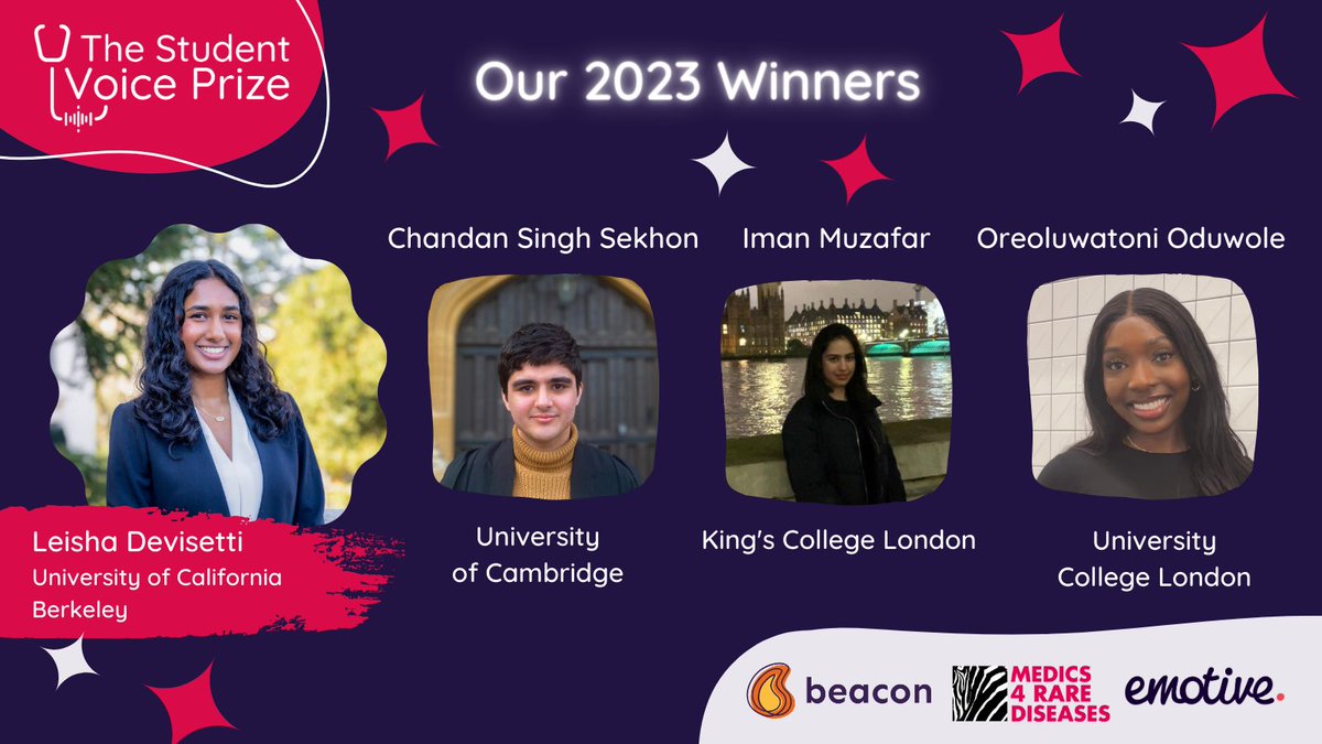 Congratulations to the winner and runners-up for the Student Voice Prize 2023! 🏆 Look out for the winning essay and runners-up blogs which will be available to read on #RareDiseaseDay 📷 @RDStudentVoice @RareBeacon #SVP23