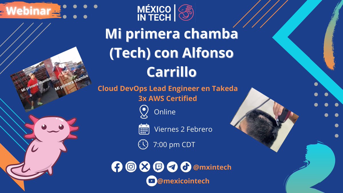 MxinTech's tweet photo. Mi primera chamba (Tech)
Vamos a platicar de las experiencias de la primera chamba con nuestro invitado Alfonso Carrillo Cloud #DevOps Lead #Engineer en Takeda.
Tiktok:  https://t.co/7IYGZpBkaU
FB: https://t.co/XrWS1tgDAh
YouTube: https://t.co/61IrjlwR5o https://t.co/A9Ugo908U5