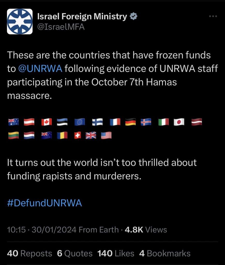 Ayman Elsherbiny - أيمن الشربيني (@el_sherbinya) on Twitter photo EU foreign policy chief <a href="/JosepBorrellF/">Josep Borrell Fontelles</a> said the bloc’s funding to <a href="/UNRWA/">UNRWA</a> hasn’t been suspended. “It’s vital that #UNRWA continues to be funded & to operate”
Israel’s MFA republished the below without 🇪🇺& kept the wording that implies supporters of UNRWA fund “rapists & murderers” EU foreign policy chief <a href="/JosepBorrellF/">Josep Borrell Fontelles</a> said the bloc’s funding to <a href="/UNRWA/">UNRWA</a> hasn’t been suspended. “It’s vital that #UNRWA continues to be funded & to operate”
Israel’s MFA republished the below without 🇪🇺& kept the wording that implies supporters of UNRWA fund “rapists & murderers”