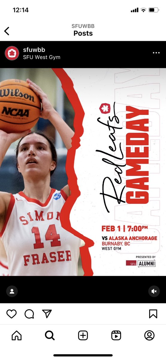 It’s game day in West Gym!

🆚 Alaska Anchorage 
📍 West Gym at SFU
🕒 7pm Tip Off
📺 Watch on YouTube if you can’t make it!