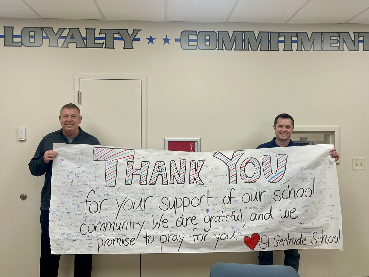 Congrats to the St. Gertrude School 8th Graders on their volleyball win against the teachers! Mayor Moormann, Chief Schaefer, and Lt. Phillips also accepted some thoughtfully made banners. You have to love the energy at St. Gerts!