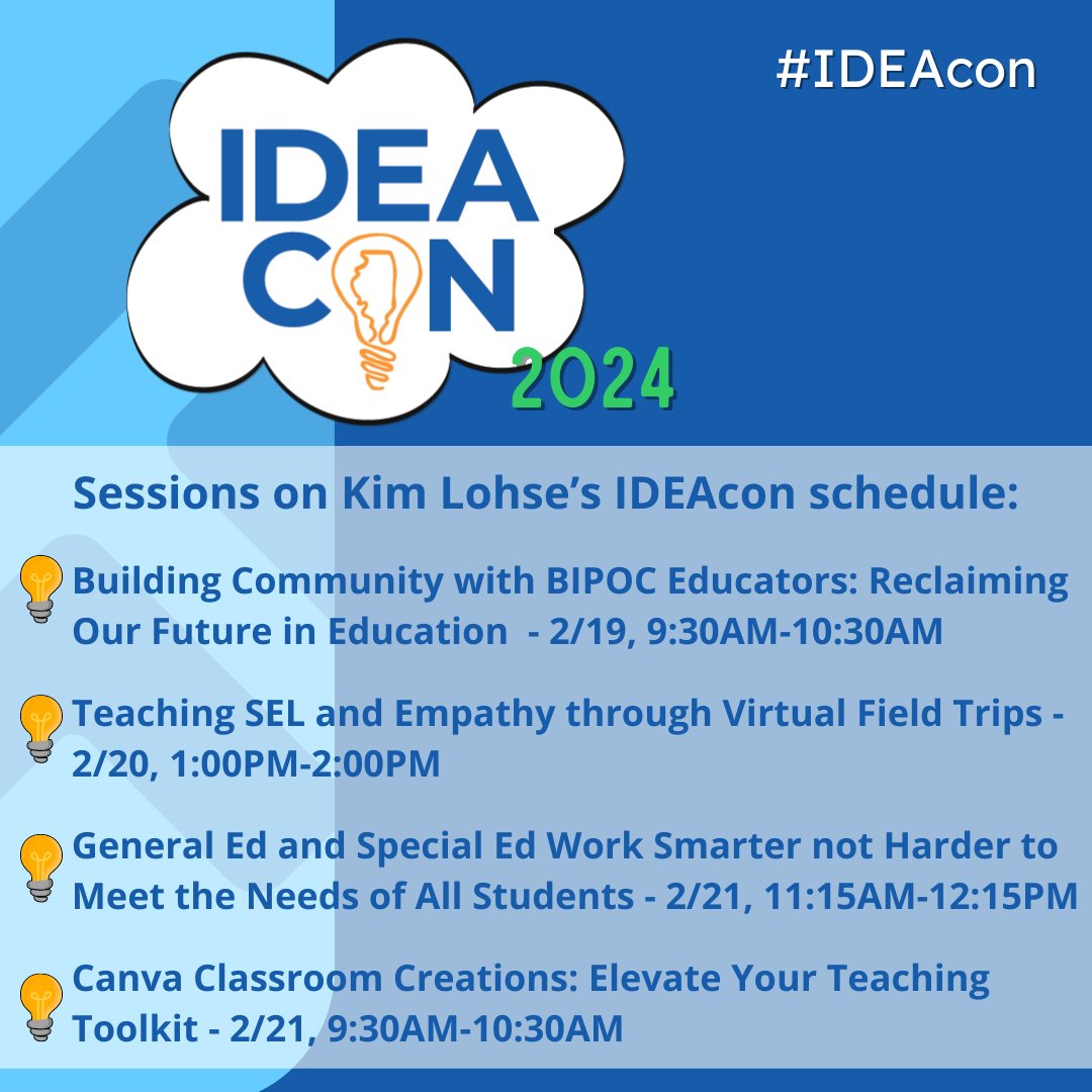 Check out Assistant Superintendent for Administrative Services and #IDEAil Executive Board member @kim_lohse4's can't miss sessions for #IDEAcon 2024. Sessions with @SJEducate @educatoralex and @deelanier are on her list. Register today at ideaillinois.org/ideacon!