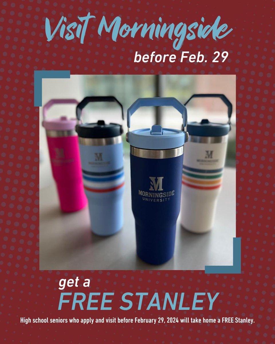We are extending the Stanley giveaway through February❗️

High school seniors who apply and visit before February 29, 2024, get a FREE Stanley Tumbler.

Sign up for a visit at morningside.edu/visit 

#msideisthebestside