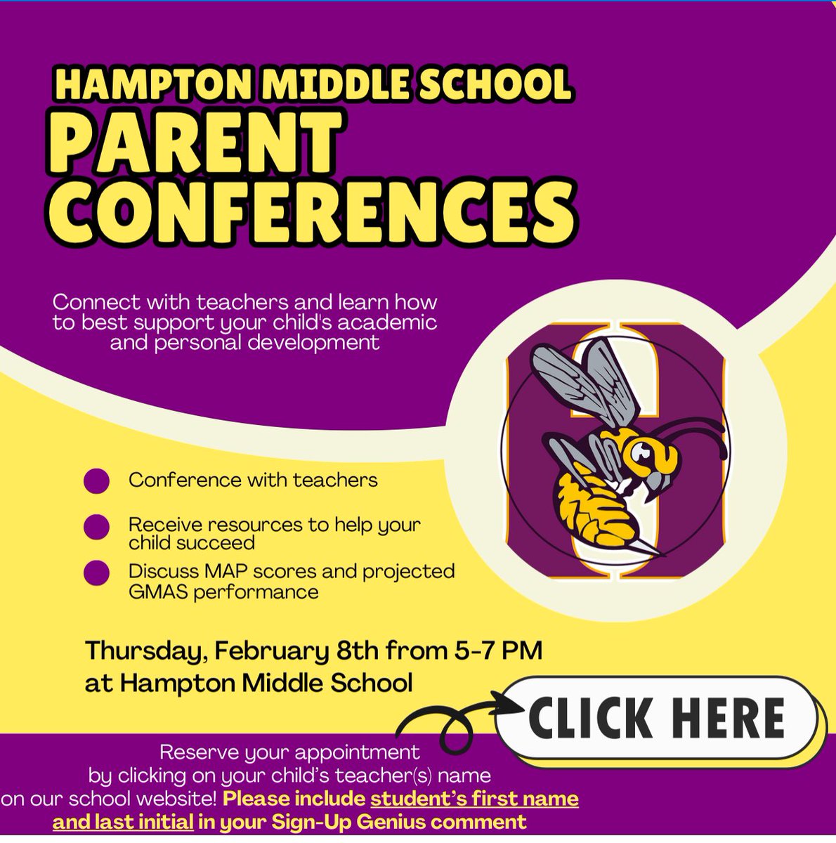 Hampton Middle School (@hamptonms_hcs) on Twitter photo HMS Parents! Please connect with your childโs teachers for the <a href="/HamptonMS_HCS/">Hampton Middle School</a> Parent Teacher Conference on February 8, 2024 from  5 - 7pm. <a href="/drwilliams08/">Dr. Lydia Williams</a> <a href="/toni_carten/">Counselor_C</a> <a href="/LoriHuston_07/">Lori Huston</a> <a href="/drseanbethune/">Sean Bethune, Ed.D</a> HMS Parents! Please connect with your childโs teachers for the <a href="/HamptonMS_HCS/">Hampton Middle School</a> Parent Teacher Conference on February 8, 2024 from  5 - 7pm. <a href="/drwilliams08/">Dr. Lydia Williams</a> <a href="/toni_carten/">Counselor_C</a> <a href="/LoriHuston_07/">Lori Huston</a> <a href="/drseanbethune/">Sean Bethune, Ed.D</a>