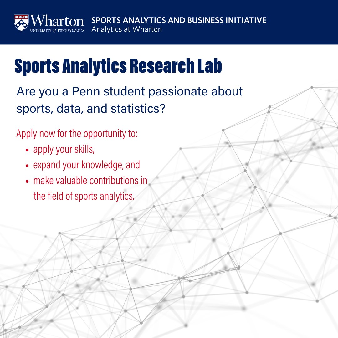 Are you a @Penn student with a passion for sports, data, and statistics? Apply for the Sports Analytics Research Lab. This is a paid, 9-week opportunity to TA the Wharton Moneyball Academy and pursue your own sports research while learning new skills. wsb.wharton.upenn.edu/2024-sports-an…