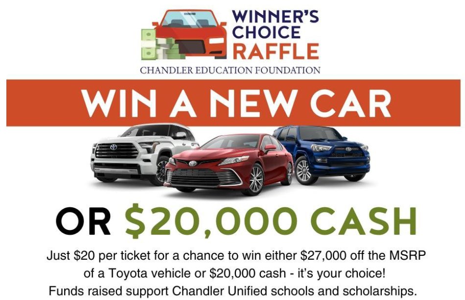 As you know, I'm a proud board member of the <a href="/ChandlerEdFound/">Chandler Education Foundation</a> and we're again raising funds for student scholarships.  I'd be honored if you'd support our students in <a href="/ChandlerUnified/">Chandler Unified School District</a> - Check out the early bird prizes and buy your tickets below.  
go.rallyup.com/cef-raffle-202…