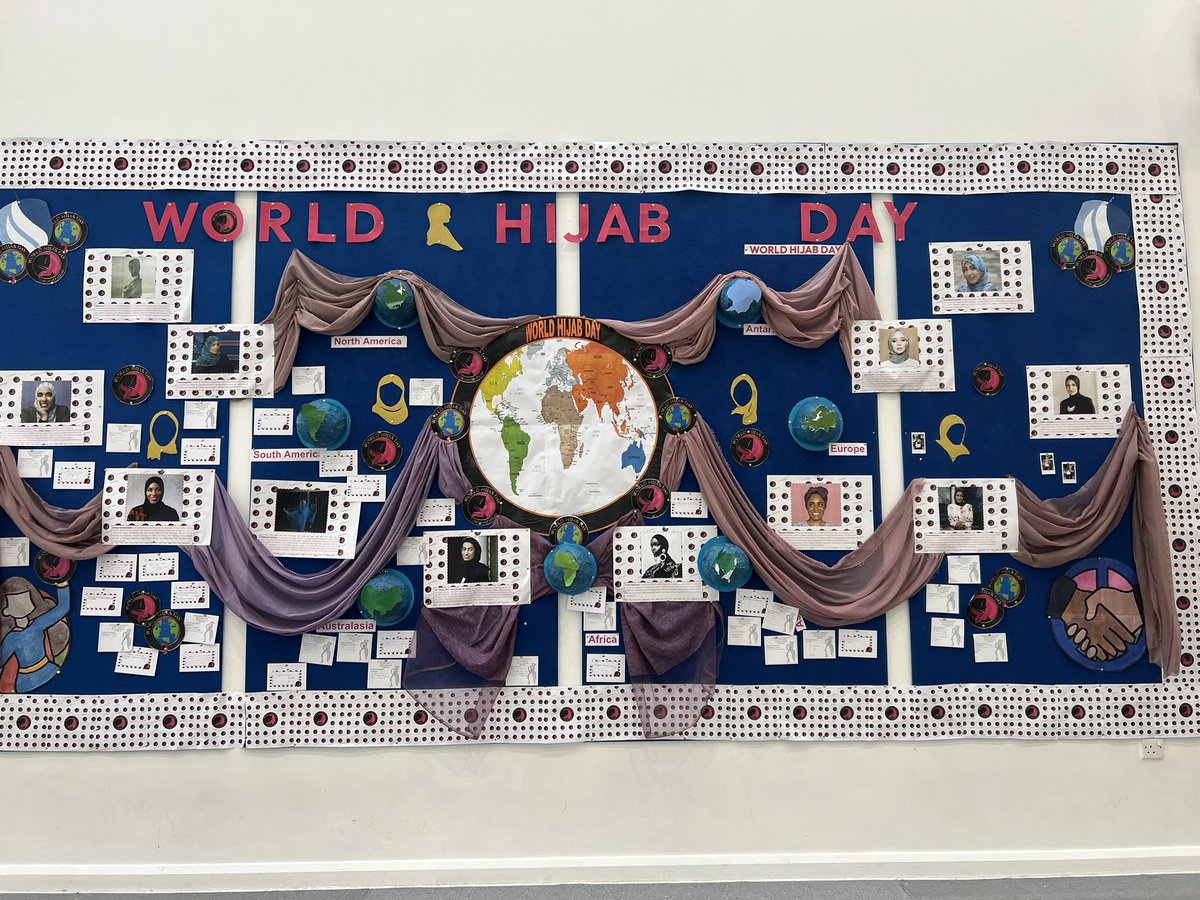 msybibi's tweet photo. Today we celebrated our 3rd @WorldHijabDay led by our inspiring @MsSahebdin. Sabrina and the Ss created the display, led lunchtime events, assemblies and competitions! Staff wore pink to celebrate and the students loved it! Thank you Sabs! 
@WomenEd @BAMEedNetwork @DiverseEd2020 https://t.co/15h0UlDhTN