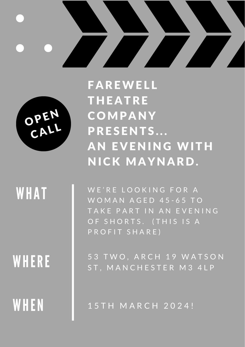 Final call out for our next project ‘An Evening with Nick Maynard’. This time we’re looking for a woman (any race, gender, sexuality) aged 45-65 to be in two pieces. One is a short monologue and another is a duologue. (1/2)
