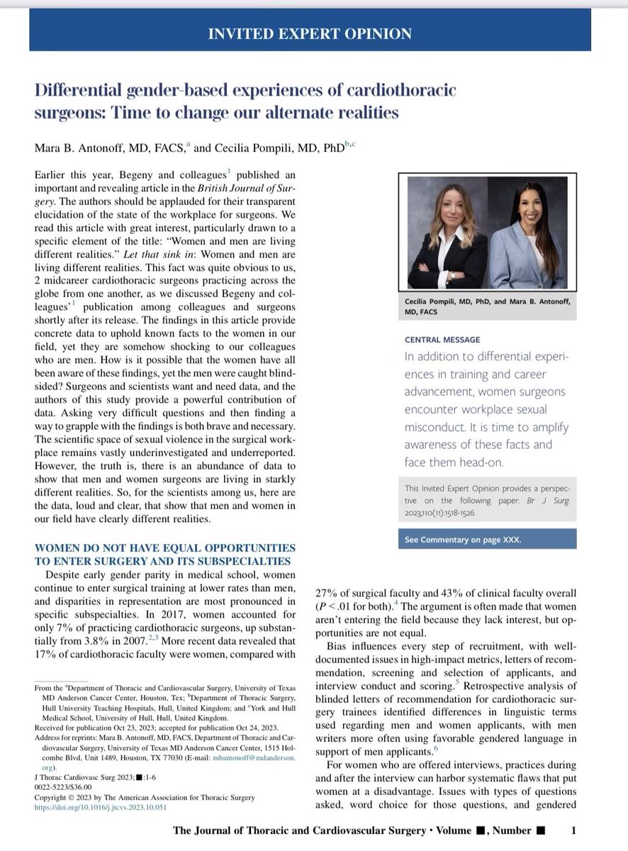 Fascinating read! Two cardiothoracic surgeons, practicing continents apart, collaborate on an insightful article exploring the diverse gender-based experiences within their field. @maraantonoff @pompili_cecilia @WomenInThoracic jtcvs.org/article/S0022-…
