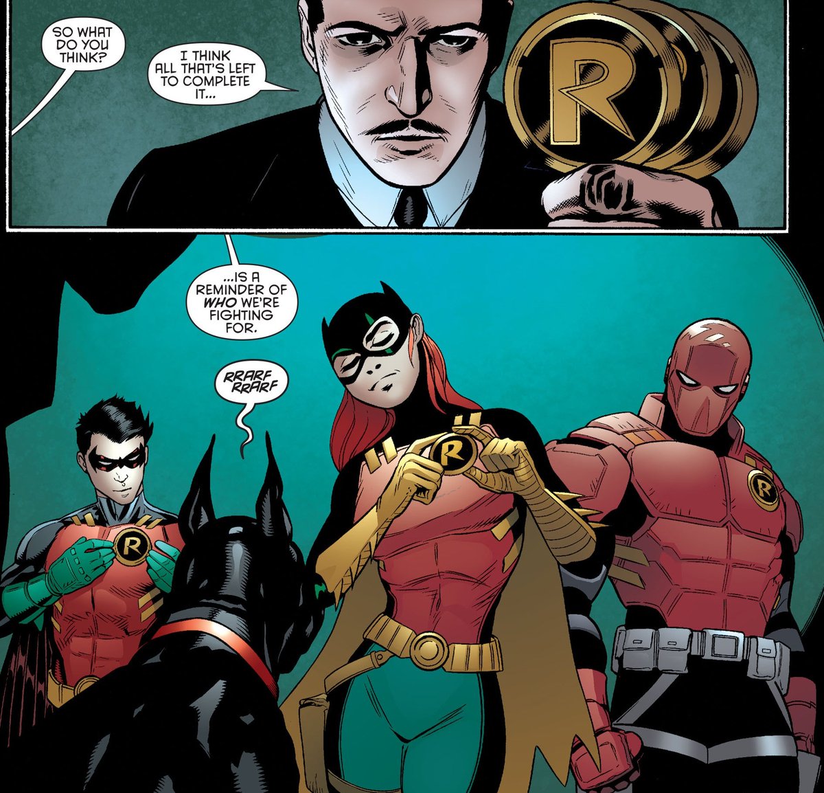 It was really sweet that they all donned Robin costumes when they went to get Damian's body back from Darkseid.